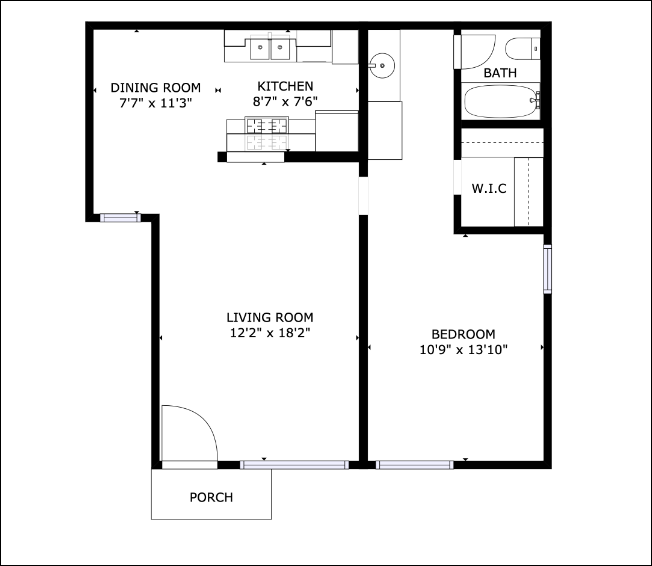 Floor plan for 1 bed, 1 bath, 710 sqft